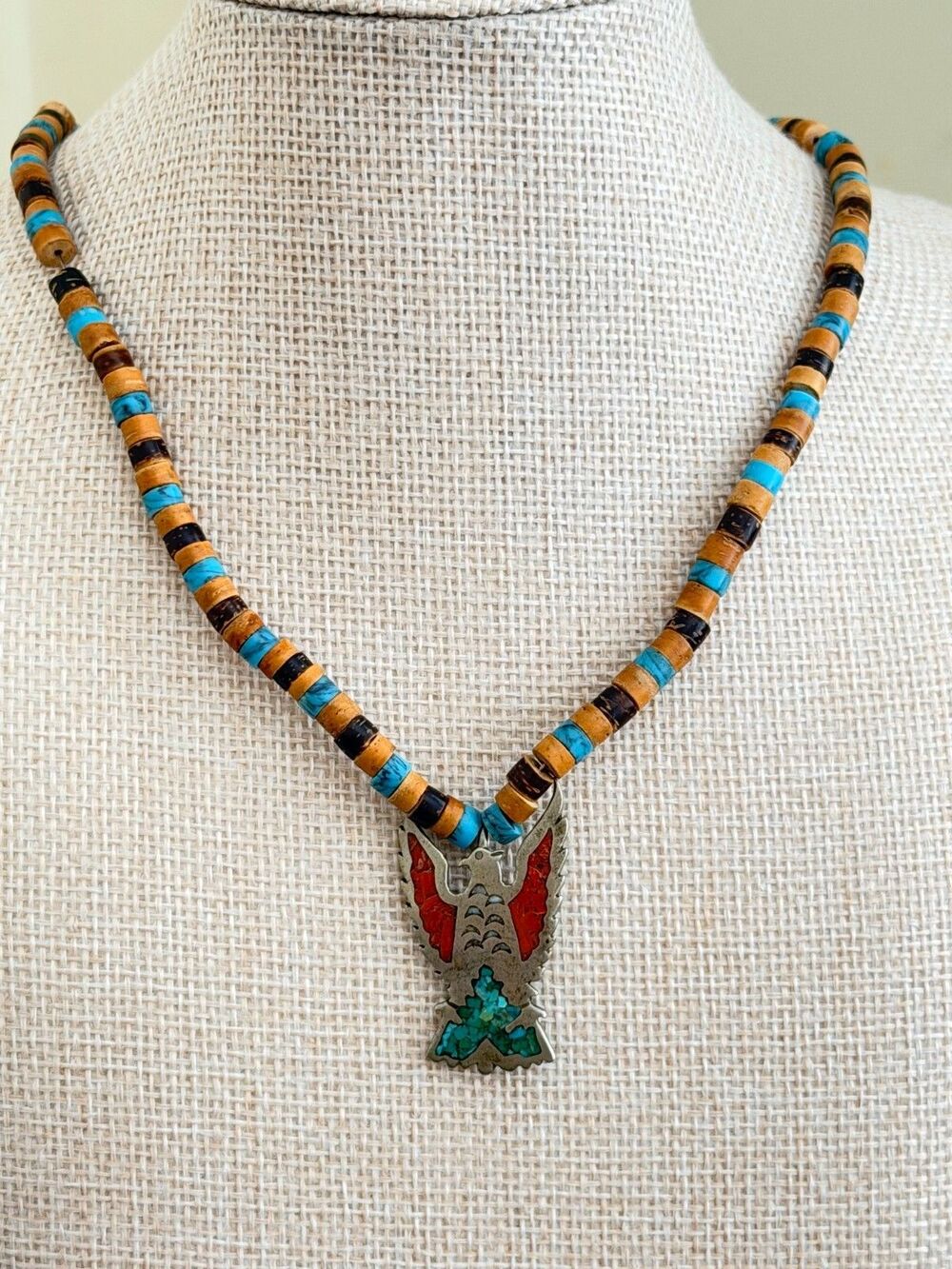 Vintage Navajo Style Thunderbird Necklace Turquoise Coral Heishi Beads Native Am